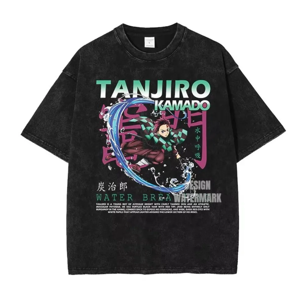 Demon Slayer Anime Oversized Washed T Shirt Unisex Vintage Gothic Graphic Print Short Sleeve Streetwear Summer Casual Fitness