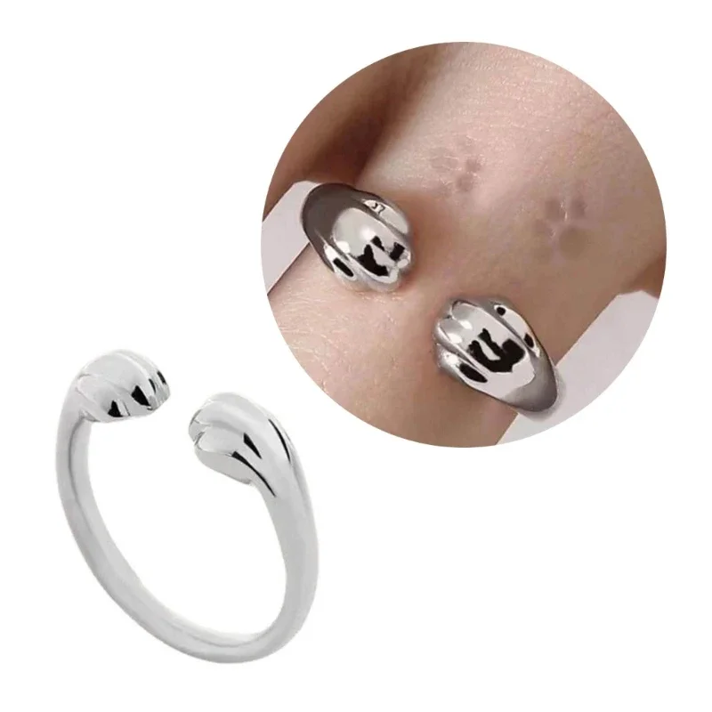 Trendy 925 Sterling Silver Ring for Women Cute Cat Paw Print Ring Cat Claw Embrace Adjustable Rings Female Gifts Anillos Mujer