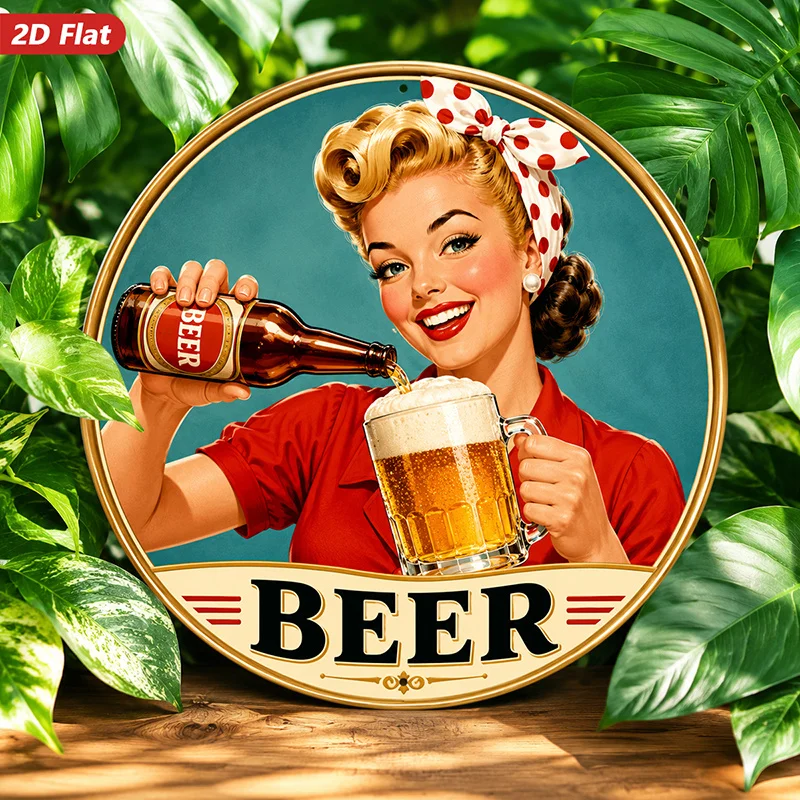 2D Flat, 1pc Vintage Beer-Themed Pin-Up Girl Wall Decor - Retro Round Suitable for Bars, Restaurants, Cave, Artificial Hanging S