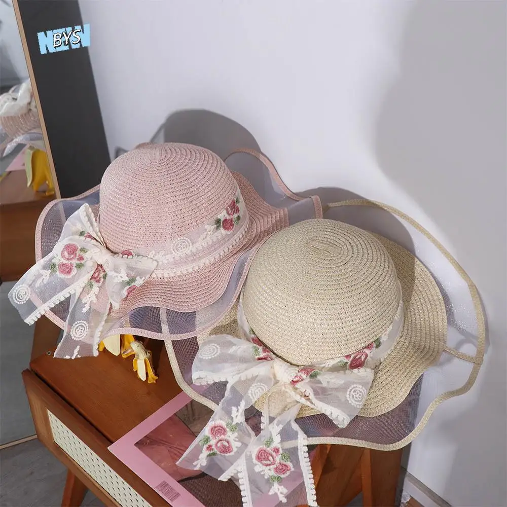 

Ins Spring Summer Beach Straw Hat Big Brim French Style Lace Bow Straw Hat Travel Foldable Women's Sun Hat Girls