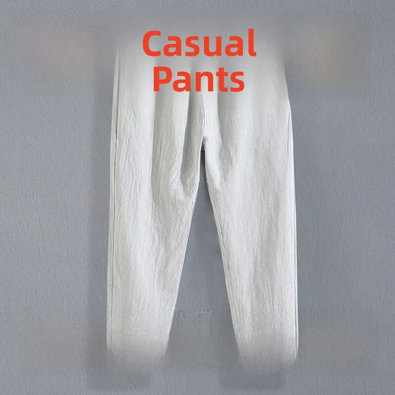 

Summer Thin Retro Loose Linen Nine-Piece Men's Elastic Waist Straight Cotton Linen Casual Beach Pants Breathable Comfortable