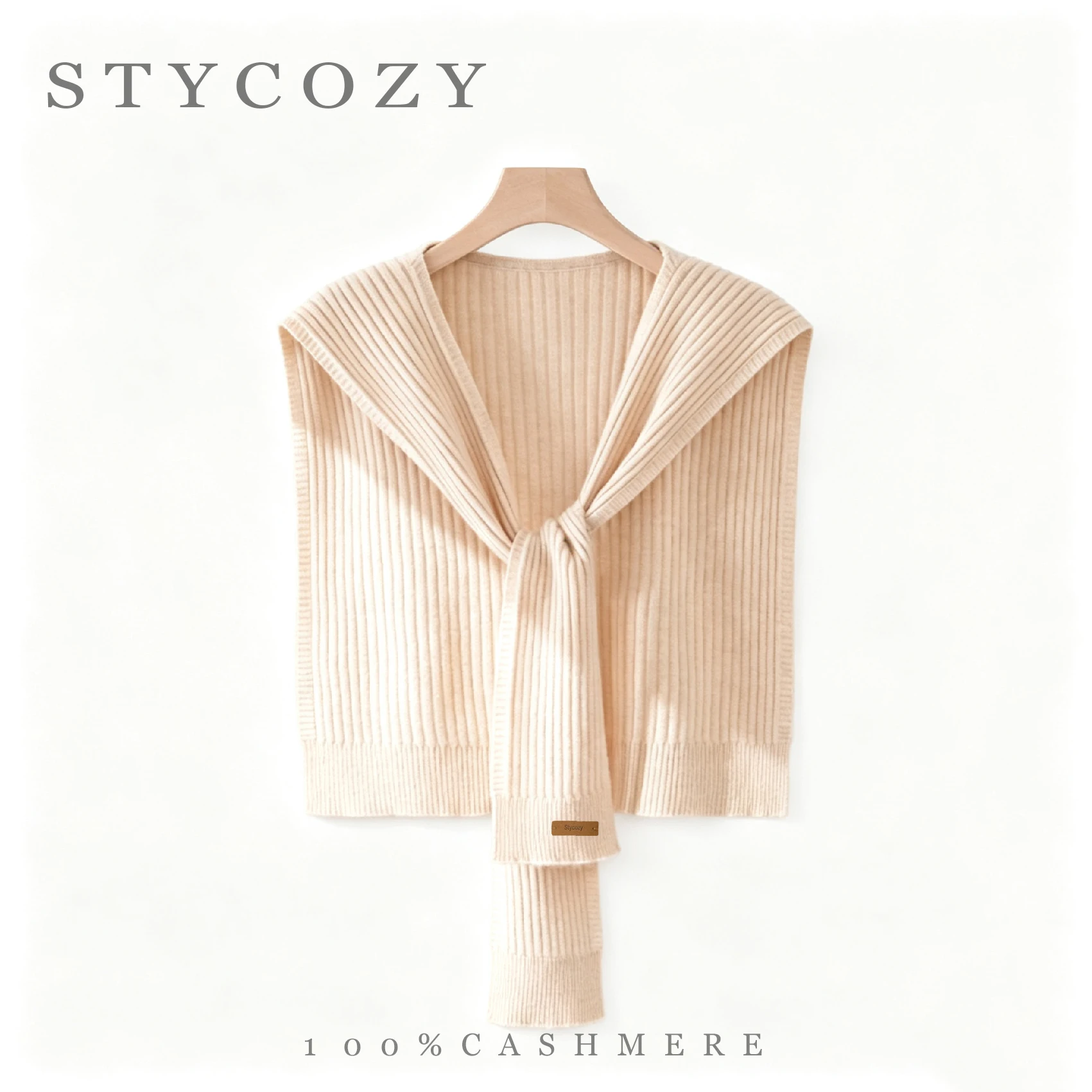 Women100%Cashmere Rib Tie Knit Shoulder Shawl Solid Vertical Texture Wrap Shirt Blouse Matching 4Seasons Daily Layering Outfit