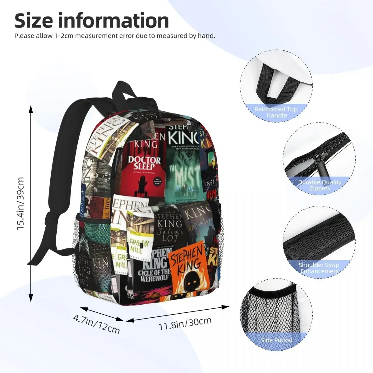 Stephen King Book Covers, Horror Bookworm Backpacks Boys Girls Bookbag Cartoon Students School Bags Travel Rucksack Shoulder Bag