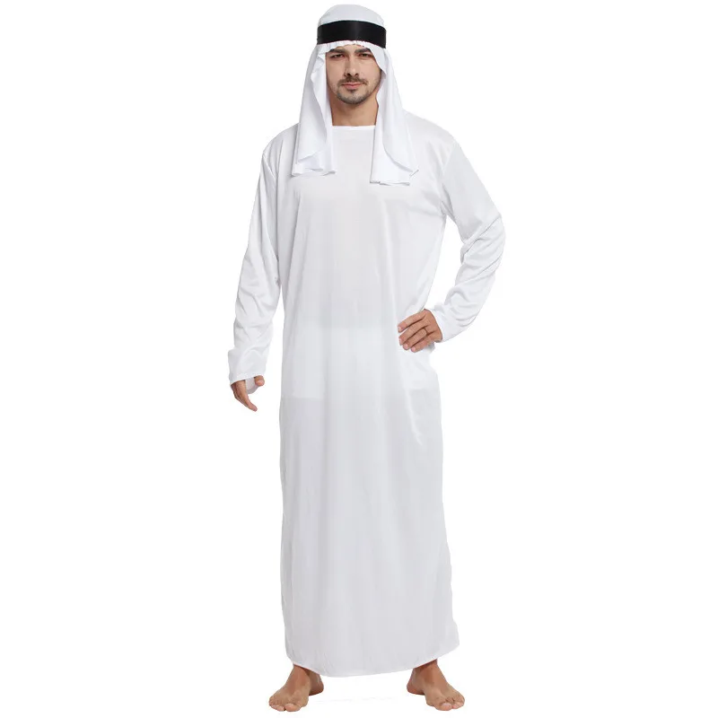 Mannelijke Outfits Arab Uae Gewaad Voor Mannen Lange Mouwen Arabische Moslim Midden-Oosten Ronde Hals Dubai Thobe Lange Abaya Met Hoofdband