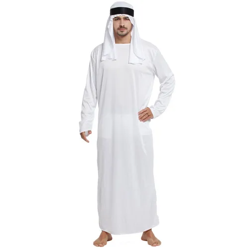 Imagen 1 del producto Trajes masculinos árabe Emiratos Árabes bata para hombres de manga larga árabe musulmán Medio Oriente cuello redondo Dubai Thobe Abaya largo con correa para la cabeza