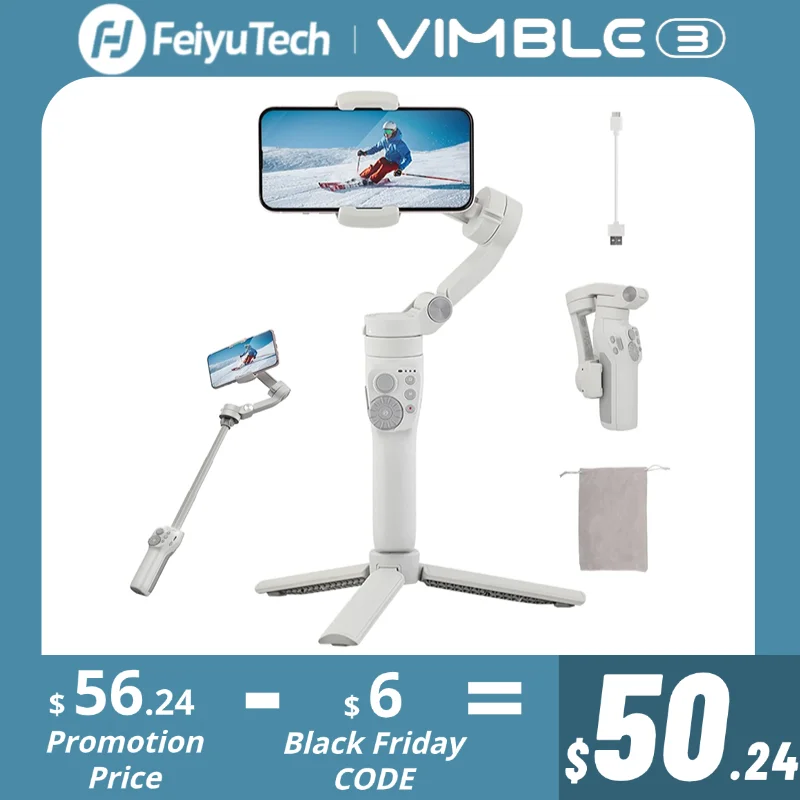 FeiyuTech Vimble 3 Official Estabilizador de cardan de 3 eixos para smartphone, retrátil, com rastreamento de rosto/objeto, adequado para