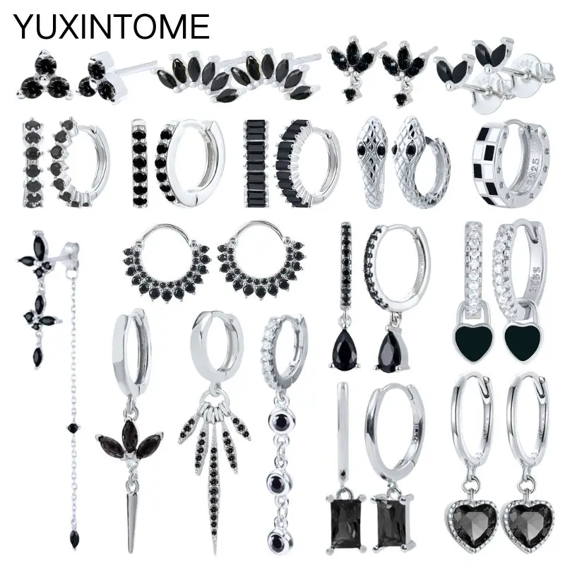 

925 Sterling Silver Needle Black Zircon Silver Earrings for Women Fashion Heart/Flower Chain Pendant Hoop Earring Fine Jewelry