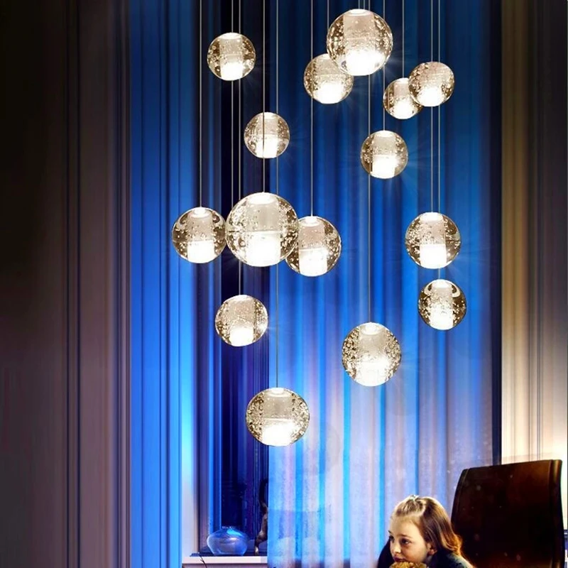 Crystal Led Ceiling Chandeliers Balls For Staircase Stretch Pendant Light Hallway Bar Indoor Home Decor Long Cable Hanging Lamp