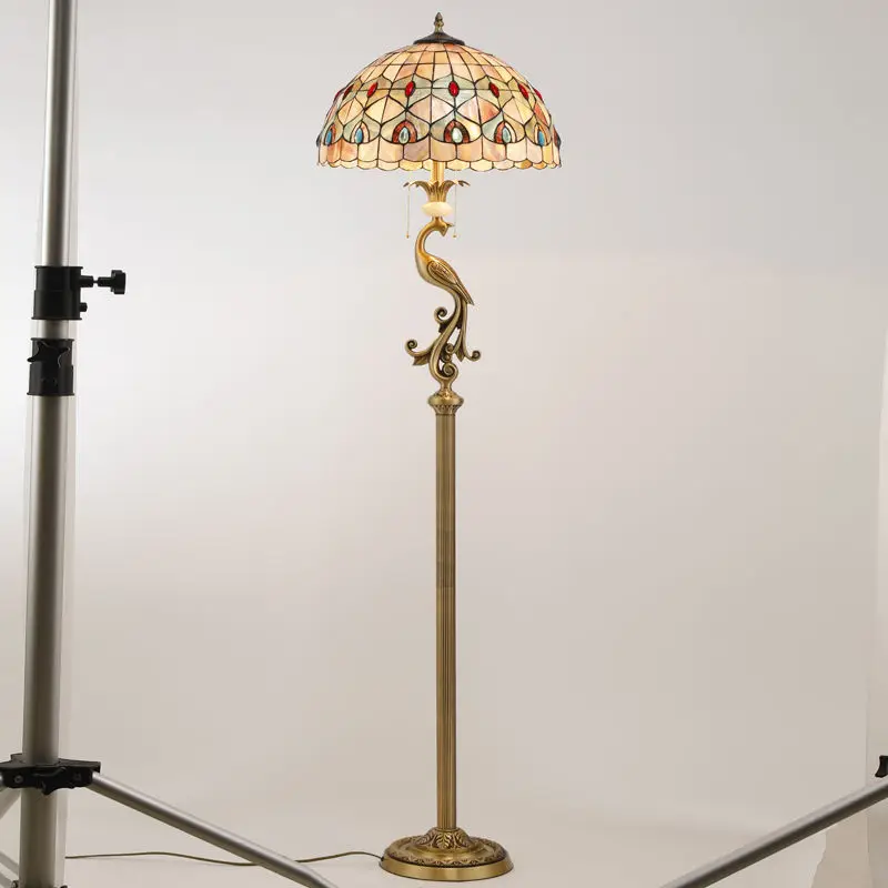 All copper French phoenix floor lamp shell European pastoral retro pure copper peacock living room study bedroom light