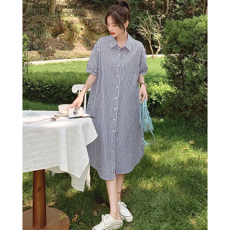 Fashion Lapel Button Pockets Loose Striped Casual Dresses Female Clothing 2024 Summer New Oversized Young Style Shirt Dress