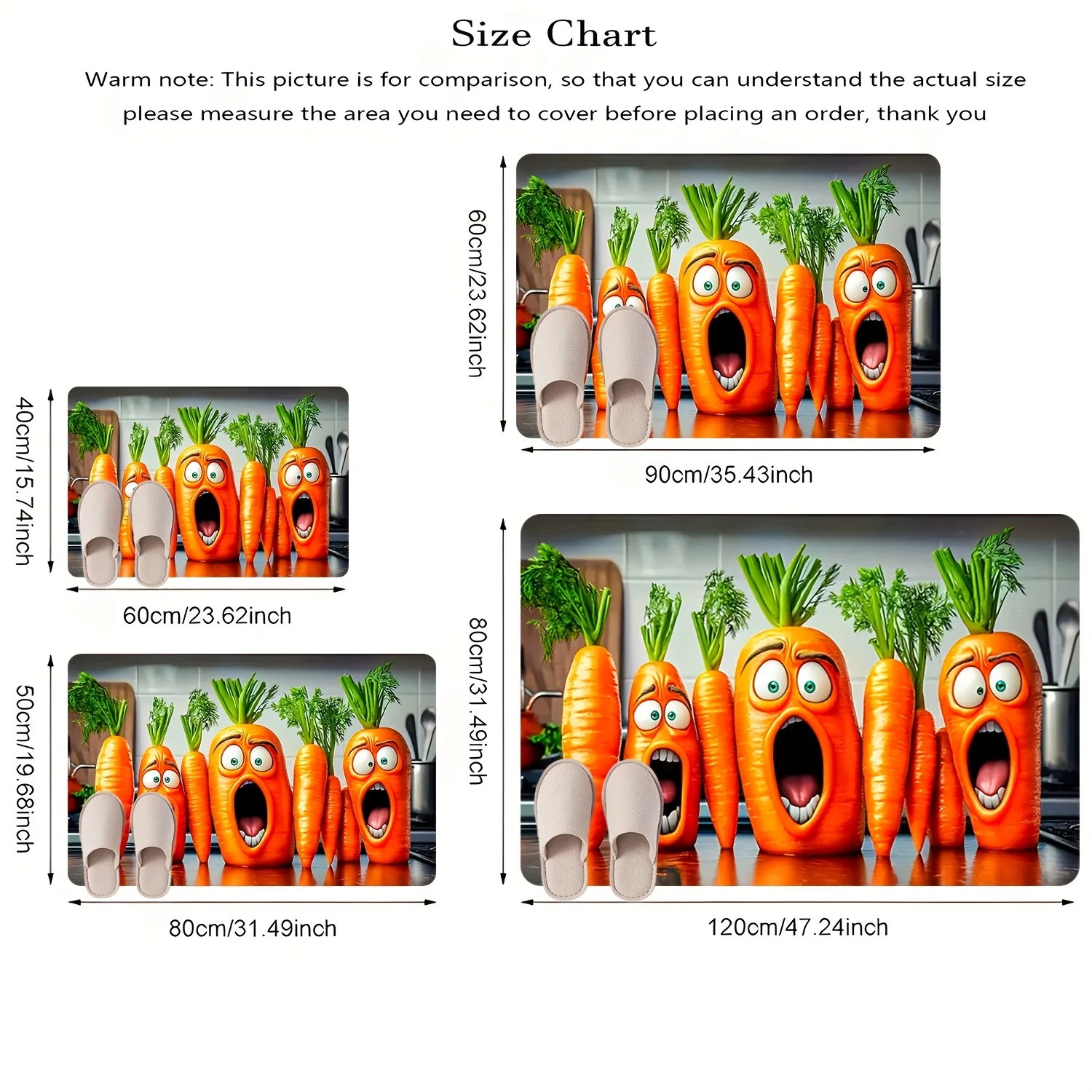 1pc 2D Flat Funny Screaming Carrots Kitchen Rug Non Slip Flannel Mat For Cooking Area Floor Decor