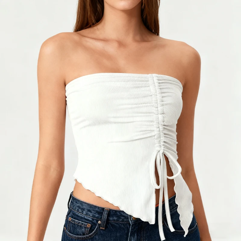 Spring Summer Y2K Women's Strapless Sleeveless Tube Top Mesh Ruched Side Asymmetrical Lace up Bandeau Cami Tank Tops Streetwear image 3