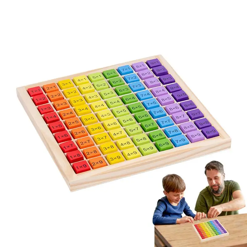 Juego de mesa de multiplicación de madera, manipuladores de multiplicación coloridos, juguete de doble cara, 100 bloques de madera, tiempos matemáticos de madera