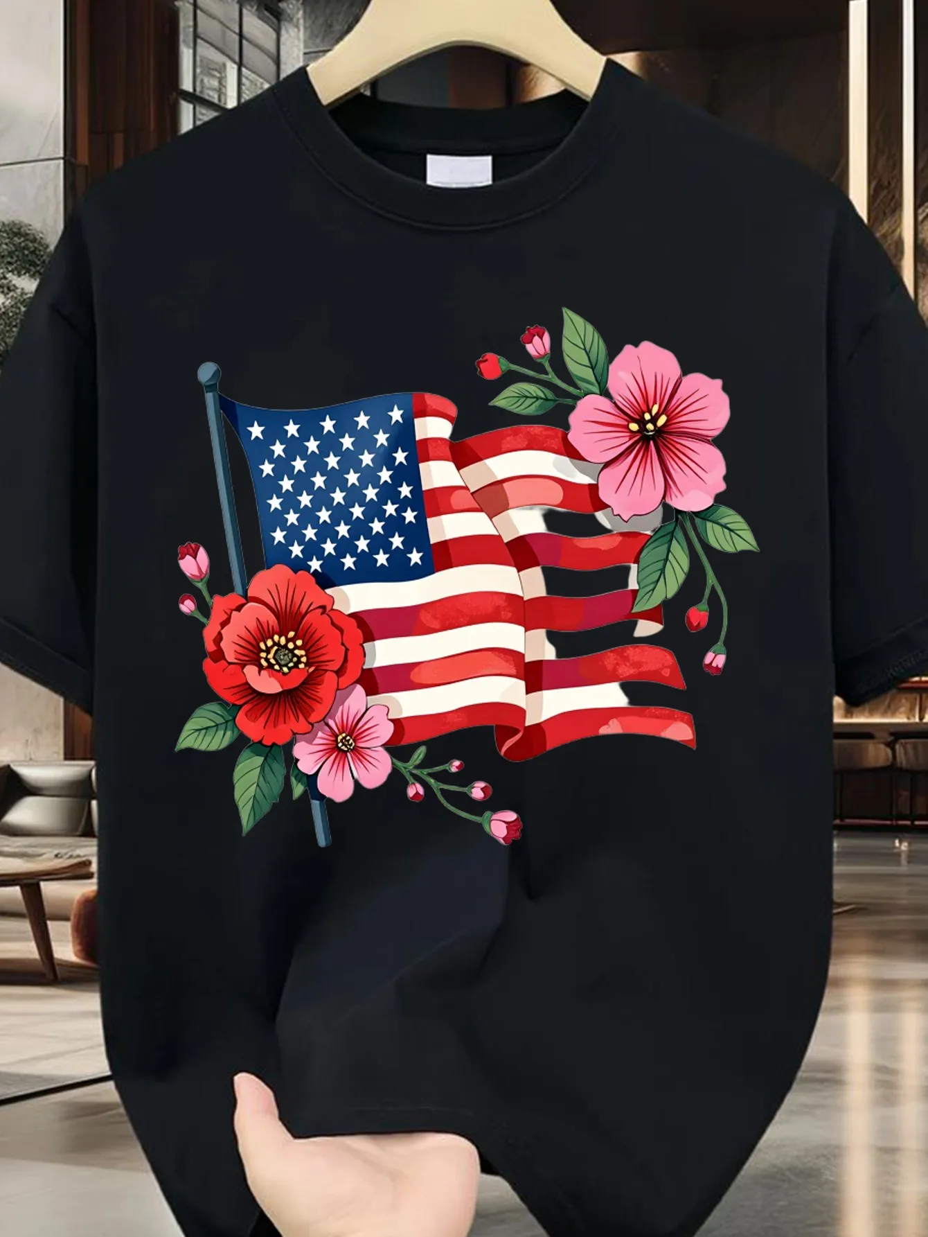 Camiseta Trebalena con cuello redondo, diseño floral patriótico con bandera americana, estilo casual de verano, manga corta, top de moda para hombre y mujer, adecuada para el Día de la Madre, el Día de los Caídos, el 10 de junio_00001, TALLA GRANDE