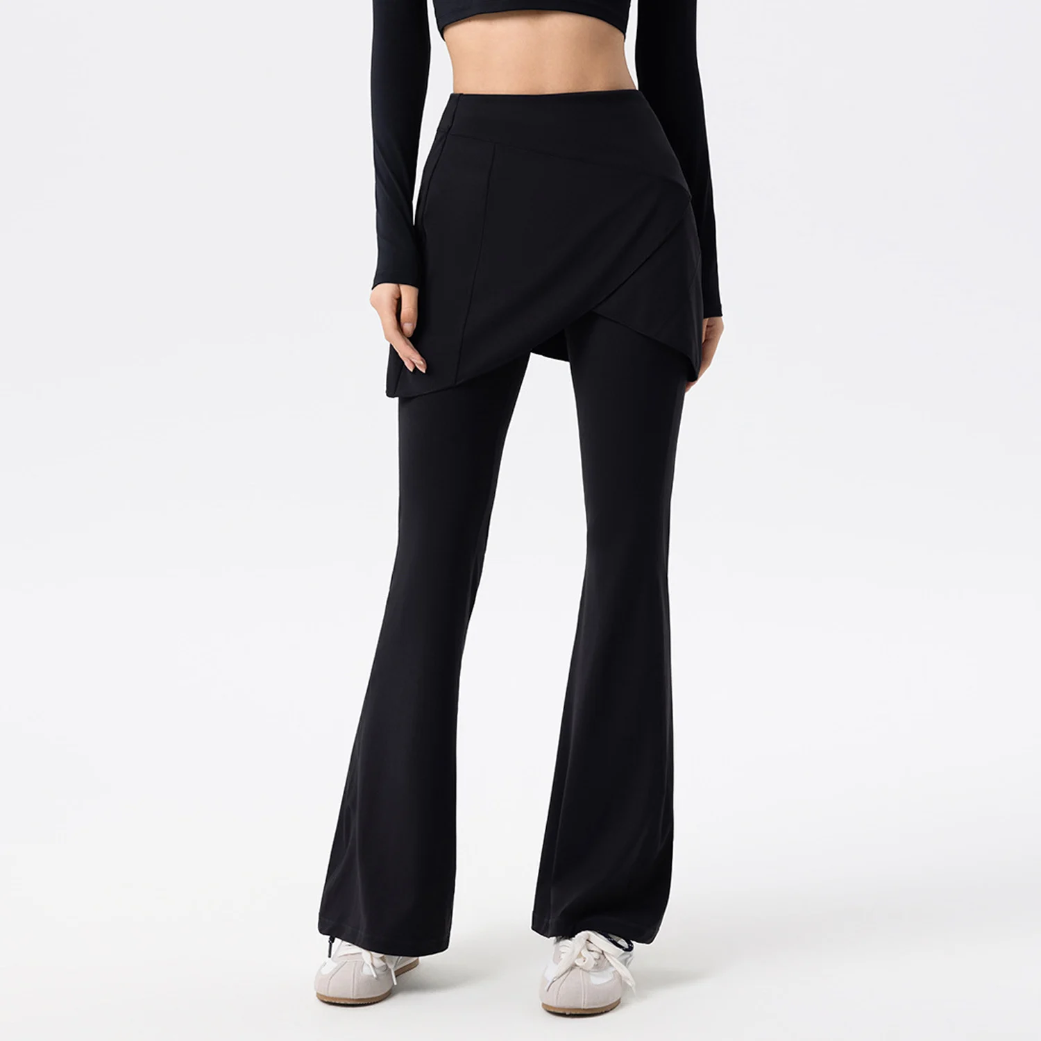 Hochgeschnittene, ausgestellte Yoga-Hose für Damen, Po-Formende, Zweiteilige Optik Leggings, Workout-Rock, Pilates, Fitness, Lauf- und Trainingshose – Detail 10