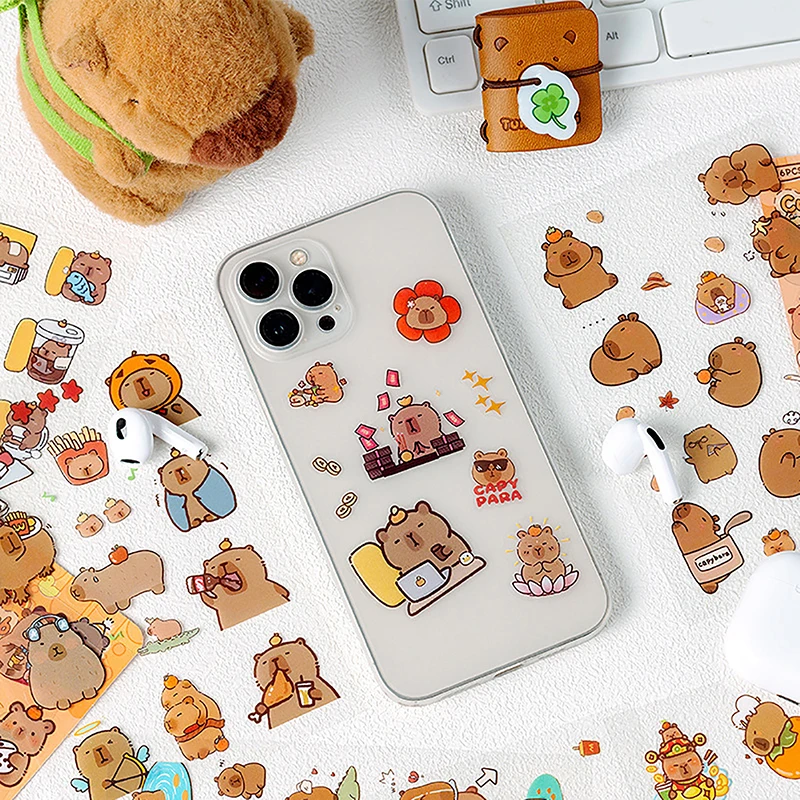 Zestaw 6 naklejek z kapybarą, wodoodporne, dekoracyjne naklejki dla dzieci, materiały do scrapbookingu, urocze naklejki do dekoracji pamiętnika.