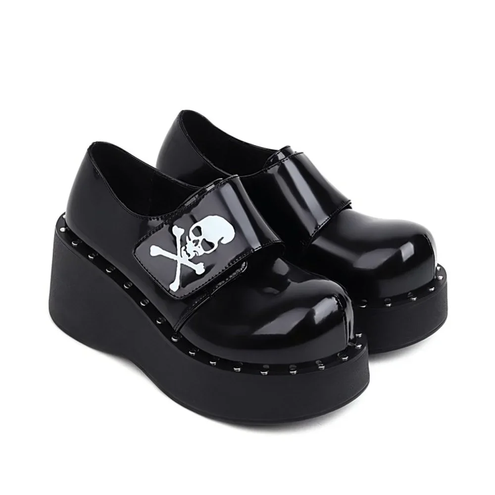 Women Lolita Rivet Belt Skull Decor Round Toe Sandals Shoes Platform Wedge High Heel Creepers Japanese Harajuku Dark Plus Size