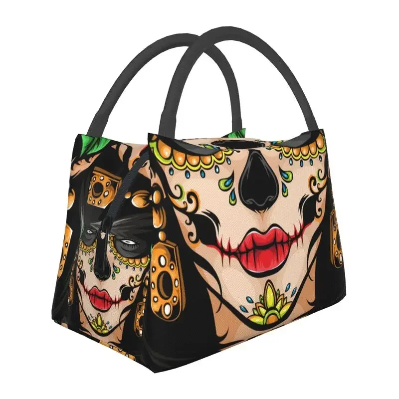 Sugar Skull Mexican Thermal Insulated Lunch Bags Day Of The Dead Portable Lunch Container for Outdoor Camping Meal Food Box