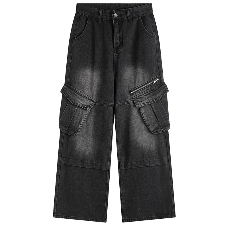 

Spring Autumn New Fashion Men's Vintage Multi Pocket Washed Loose Wide Leg Straight Black Casual Trendy Jean Trousers Male Pants