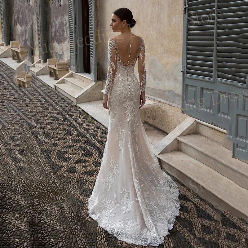 Personalizado 2025 sexy decote em v sereia vestidos de casamento rendas apliques manga longa vestidos de noiva botão traseiro ilusão robes de mariée