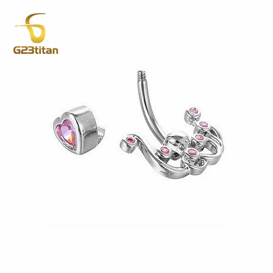 Silver Color Octopus Navel Rings Pink Zircon F136 Titanium 14G Curved Barbell Nombril Body Piercing Women Belly Button Jewelry
