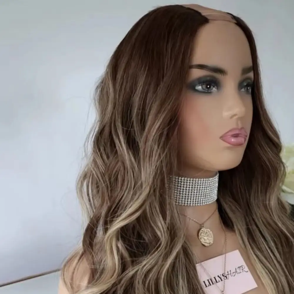 Balayage Human Hair U-Part Wig Brown Roots Blonde Color 27 Highlights Soft Virgin Hair V Part Wig Thick Long Wavy For Women