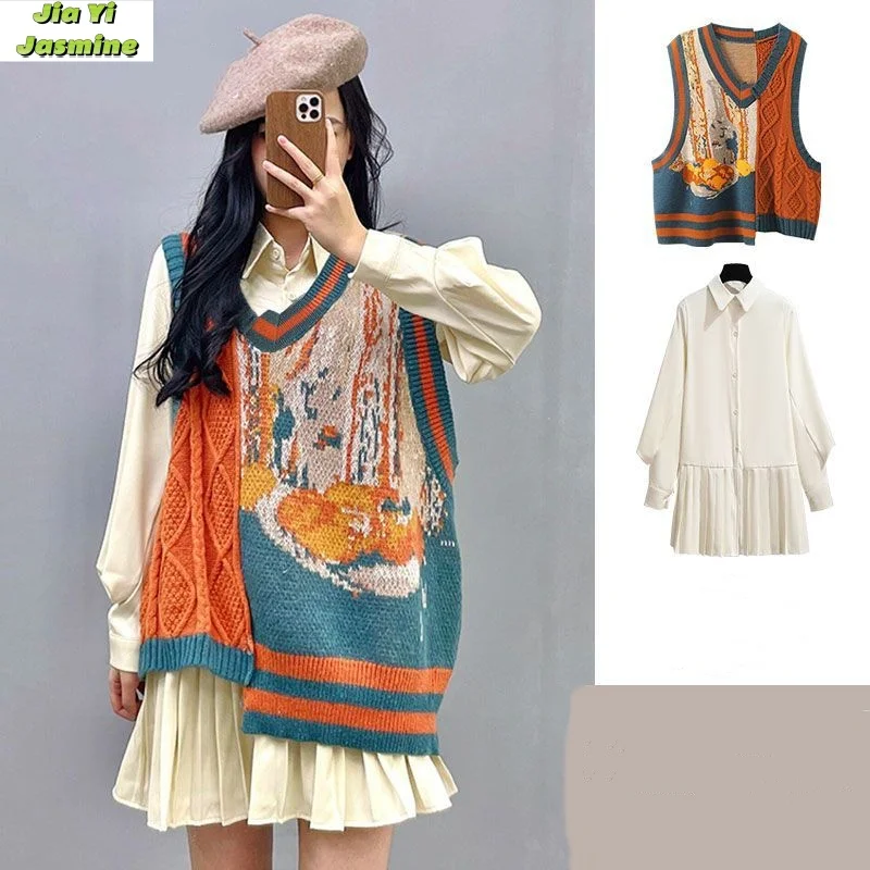 Women's Spring Set 2024 New Korean Edition College Style Reduced Age Knitted Vest Dress 2-piece Set