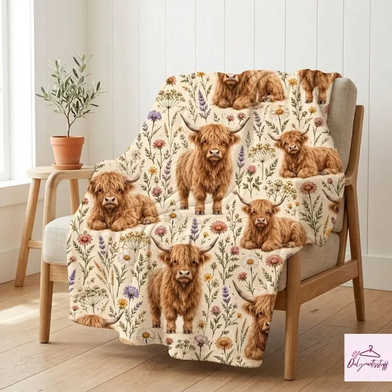 Cute Highland Cow Fleece Blanket, Wildflower Highland Cattle Bedding, Western Farmhouse Home Decor, Birthday Gift for Her or Mom
