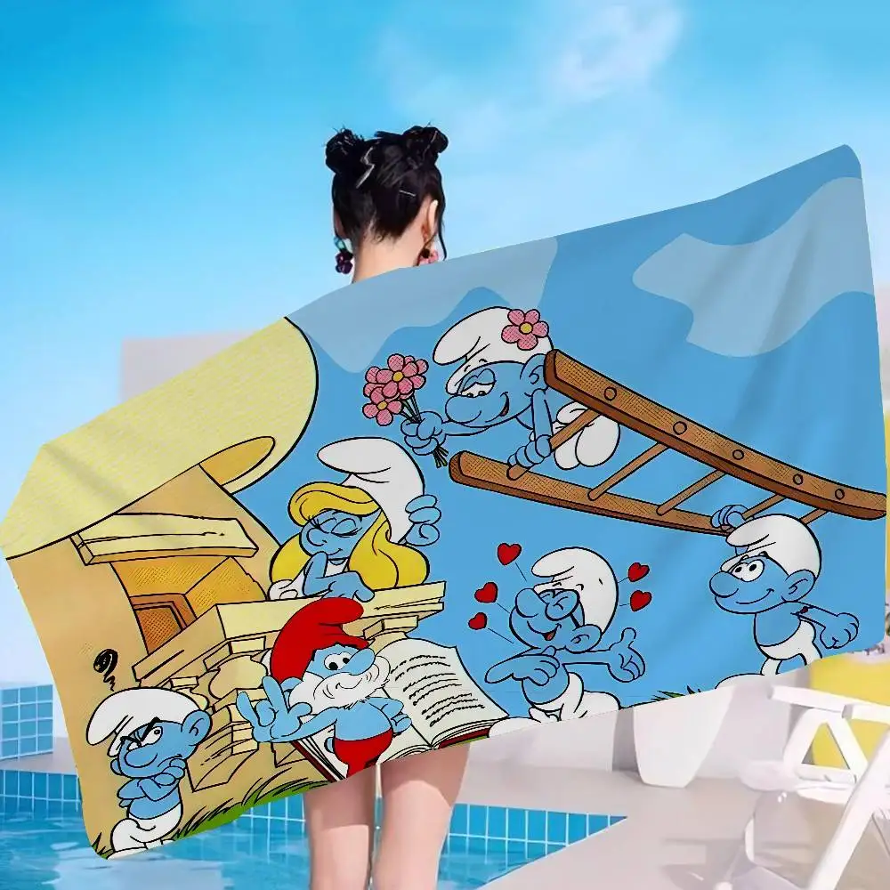 Cartoon Cute S-Smurfs Anime Beach Swimming Towel Soft Absorbent Washcloth Children's Gifts for Kids Travel Camping Gym