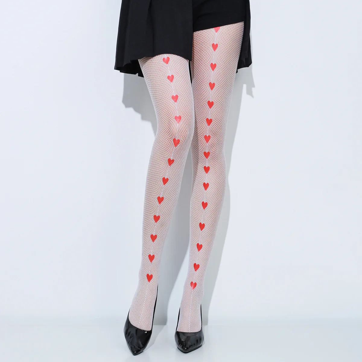 

Cute Sweet Lolita Love Heart Offset Printing Fishnet Stockings Breathable Personality Mesh Vertical Lines Hottie Sexy Tights