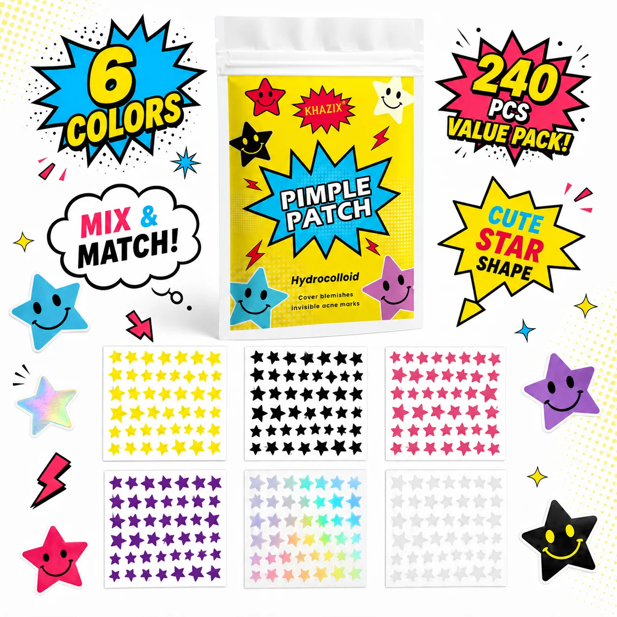 240PCS Star Pimple Patches For Face Hydrocolloid, Absorbing Cover, Tea Tree, Hydrocolloid Acne Patch, Cute Star Pimple Patch
