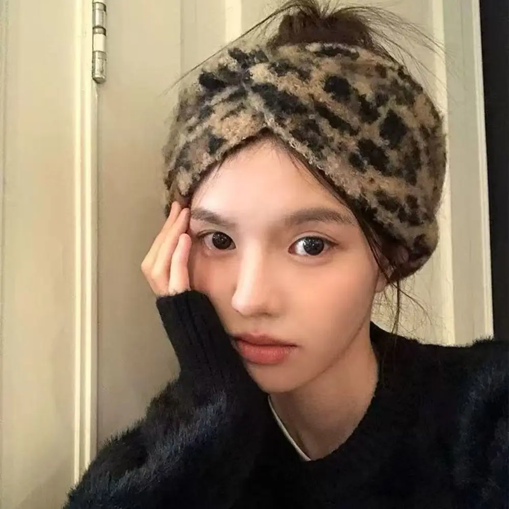 Wide Edge Leopard Print Headband Soft Chunky Knit Cross Headband Thick Warm High Elasticity Knitted Headcover DIY Projects