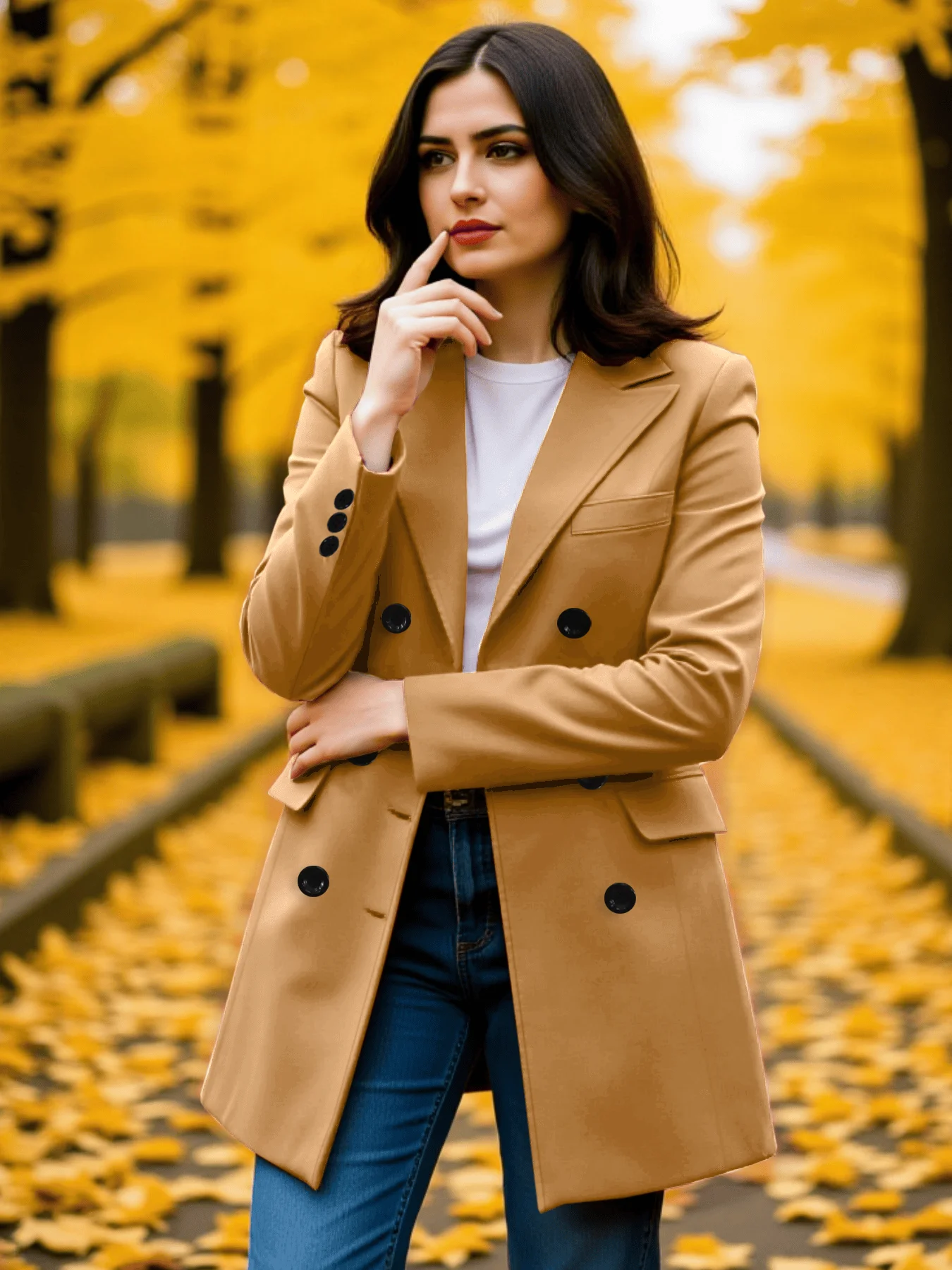

Women's Elegant Tweed Double-Breasted Woolen Coat Thickened Warm Trench Style Jacket for Autumn Winter Street Fashion