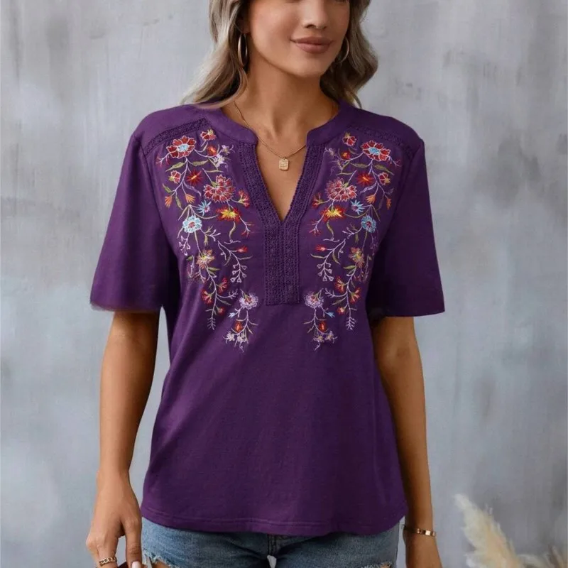 Elegant Women\'s Short Sleeved Office Blouse Summer Fashion Ten Thousand Needle Embroidery Splicing Lace Lace V-neck Top Shirt
