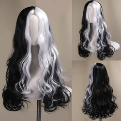 28 inch long rolled witch black and white synthetic wig, used for holiday parties and Halloween role-playing