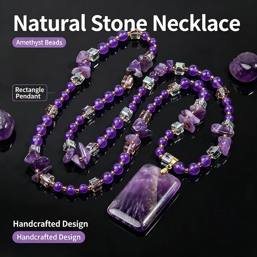 Bohemian Dreamy Violet Tone Nature Stone Rectangle Pendant Necklace Mixed Vintage Niche Atmospheric Stackable Outfit Accessory
