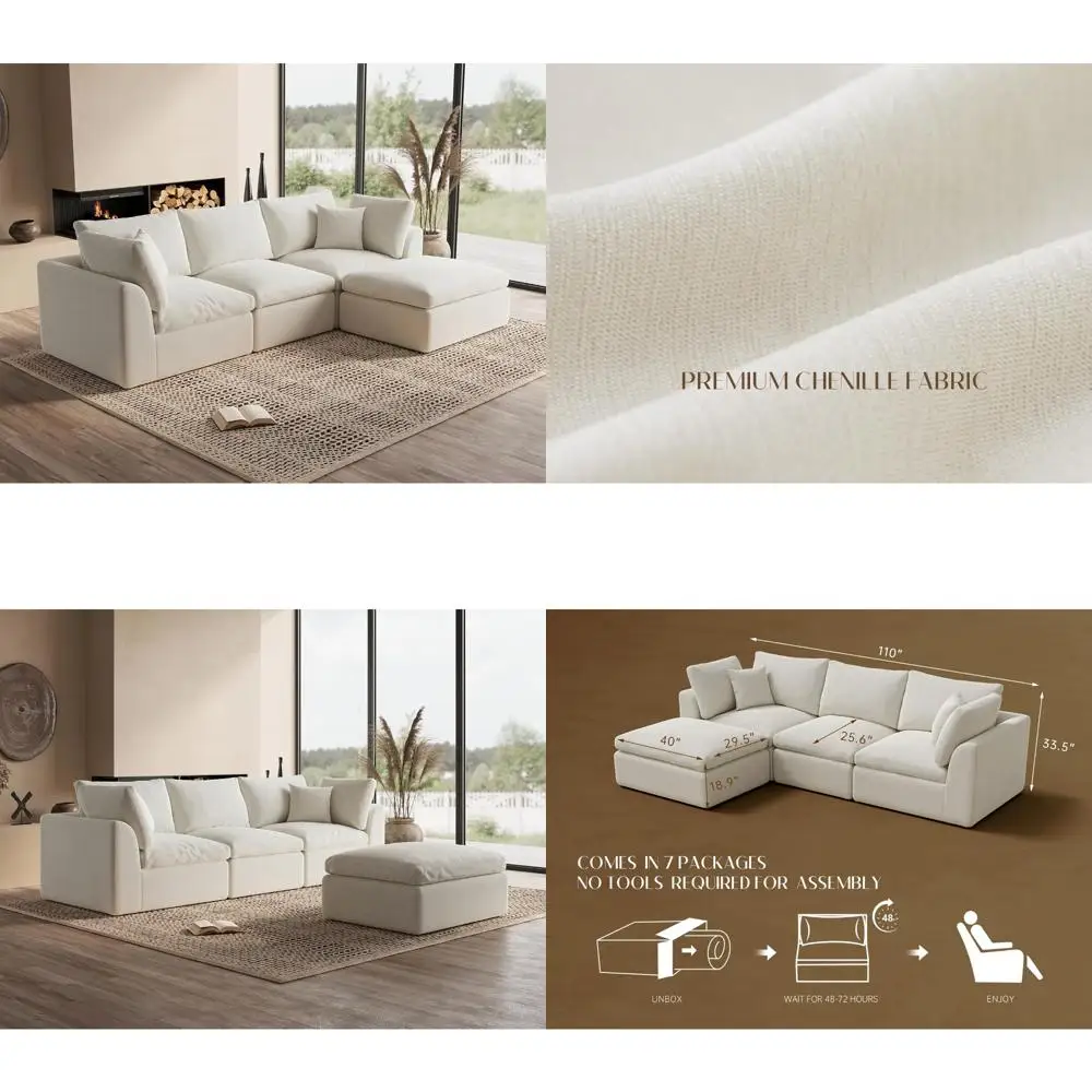 

"elegant 110-inch cloud-inspired sectional sofa with convertible l-shape design and ottoman, 3-piece modular configuration, avai