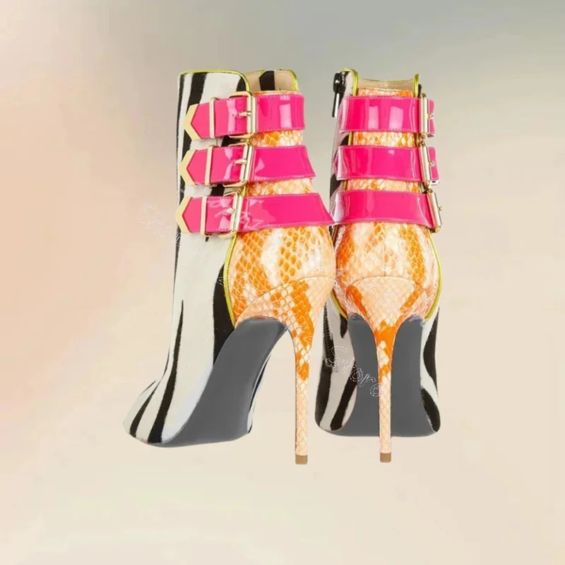 

Zebra Lychee Print Buckle Peep Toe Sandals Boots Side Zipper Women Shoes Thin High Heels Party Banquet 2026 Zapatos Para Mujere