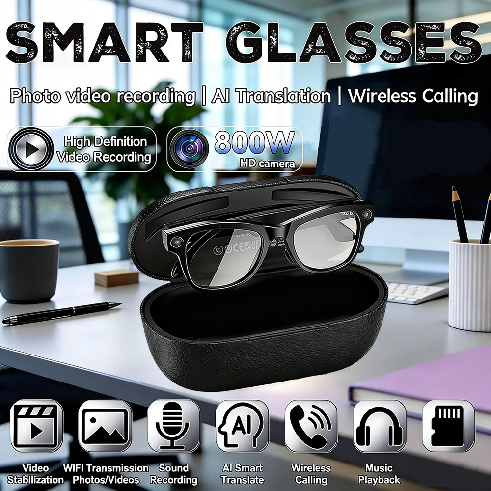 

2026 New 4K 800W Camer Smart AI Glasses ChatGPT Photos&Video 3600mAh Charging Case Power Bank 32GB Translation Music Sunglasses