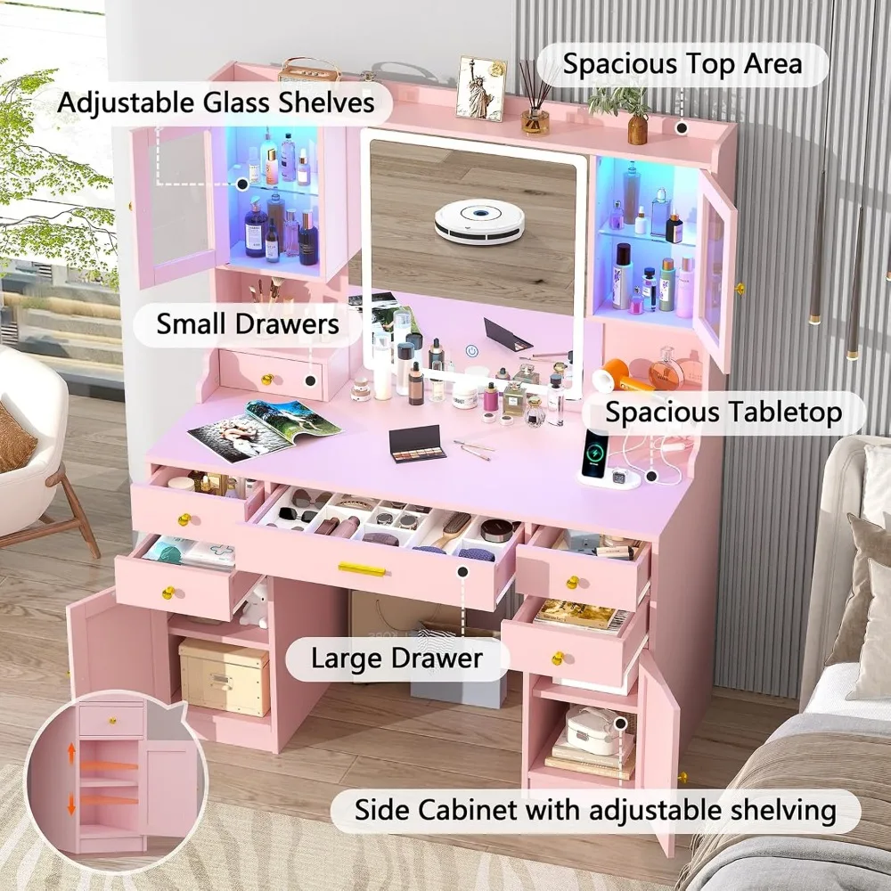 Table de maquillage avec prise de courant et rangement, bureau de vanité rose, 6 étagères de rangement de proximité, 41.3 po