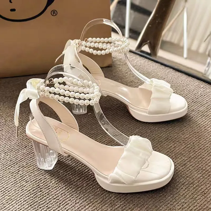 

Women's summer new thick-heeled temperament pearl fashion sandals transparent lace-up fashion versatile high heels for women