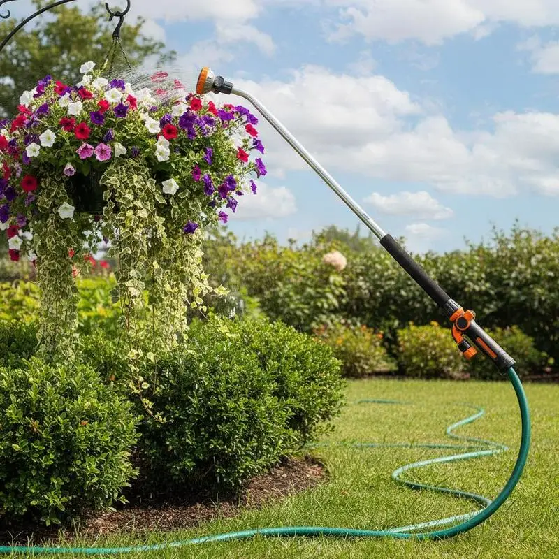 

Irrigation Lance 36-Inch Long Reach For Hanging Baskets Shrubs Lawns, 8 Spray Patterns 180° Swivel Head Thumb Control Flow Valve High Pressure Metal Construction Garden Sprayer Attachment