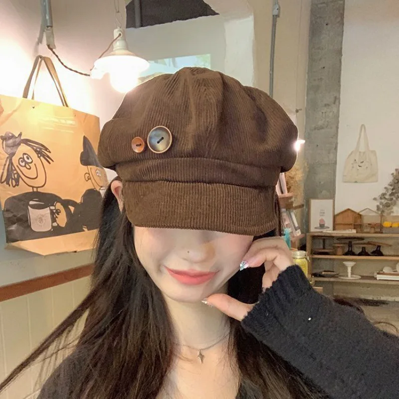 

Japanese Button Corduroy Women's Beret Retro Small Brim Slimming Newspaper Boy Hat British Style Coat Decorated With Warm Hat