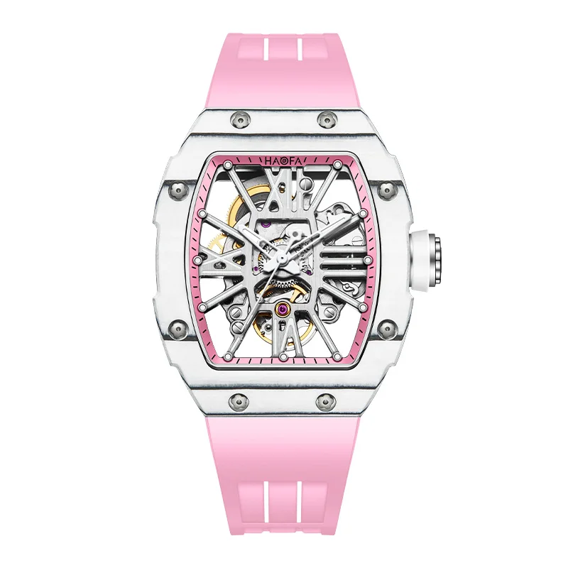 Haofa Mechanical watch Woman Automatic Movement Painted Roman numerals Hollow Skeleton Carbon Fiber Luminous Sport Hardcore 1995