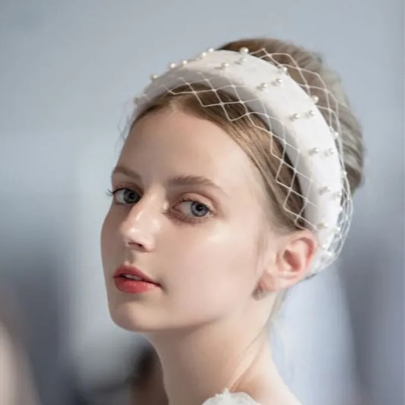 

New Herben-style thick headband hand sewn pearl mesh wide edge European and American runway hairpin bridal headwear