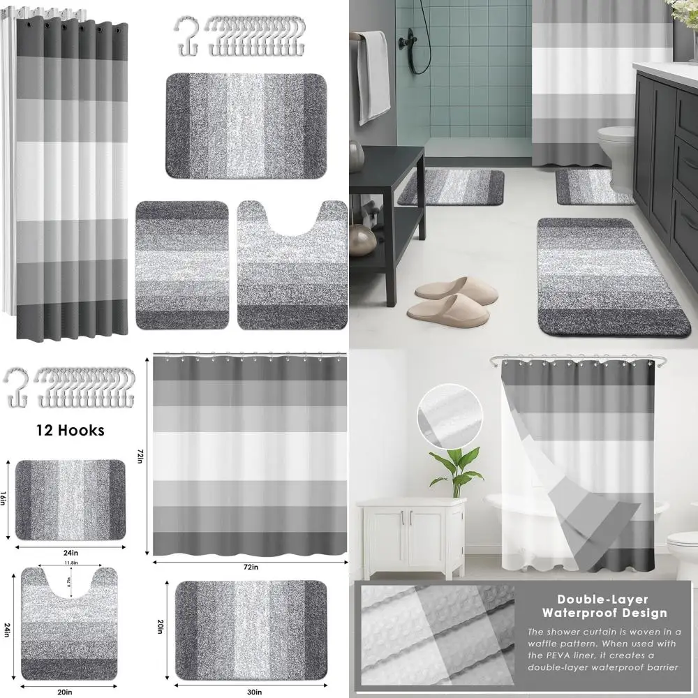 

Modern Ombre Striped Shower Curtain Set with Waterproof Liner and Non-Slip Bath Rugs for Minimalist Bathroom Decor