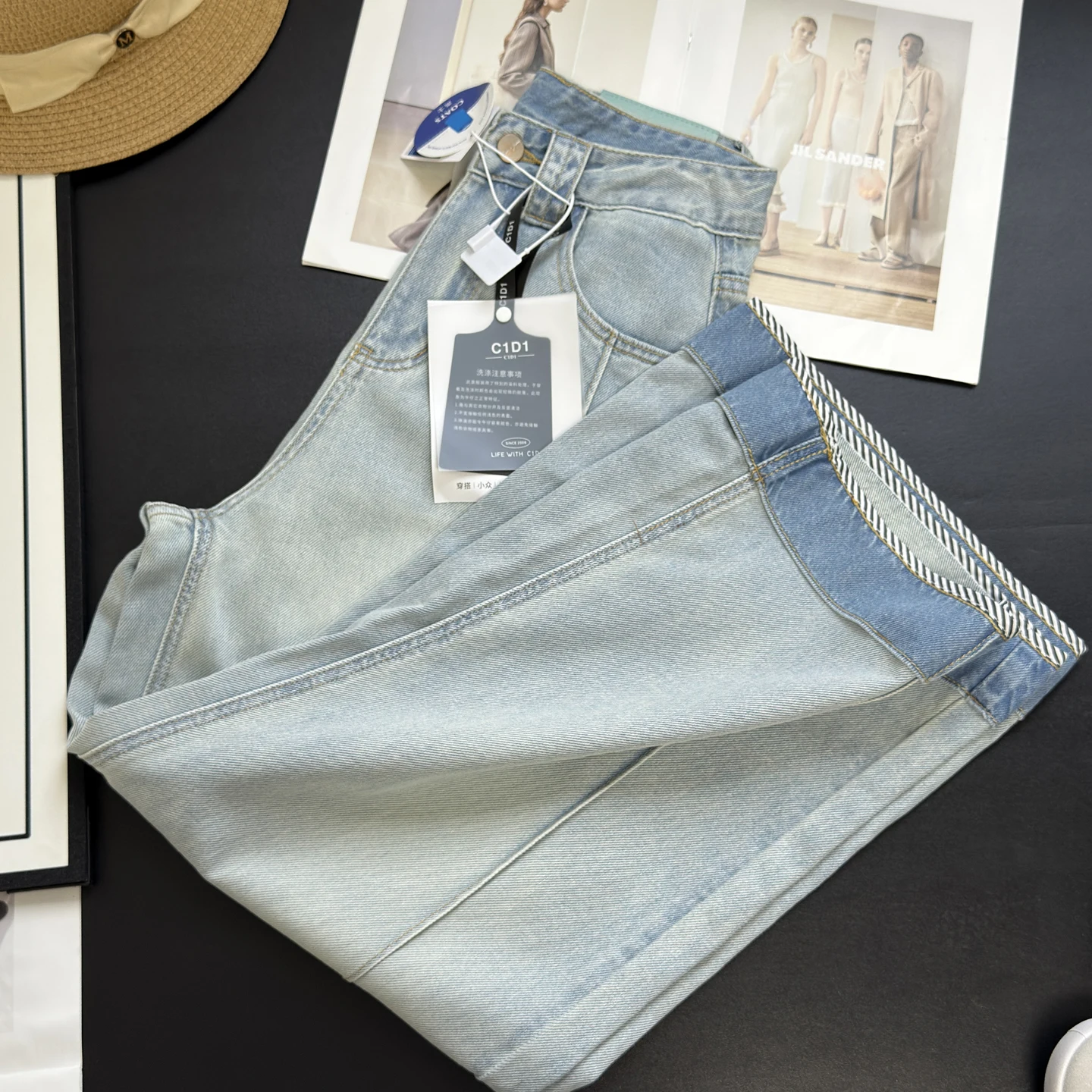 Ultra-Wearable Slimming High-Waist Cuffed Stripe Color Block Wide Leg Jeans Straight Cut Nine-Piece Summer Casual Zipper Style