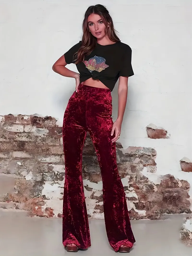 Chic High Waist Velvet Flare Pants - Luxurious Boho Style for Year-Round Elegance - Womens All-Season Fashion