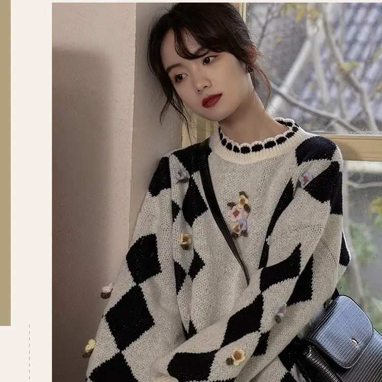 Sweater Black And White Diamond Checkerboard Women'S Autumn And Winter Thick Outer Wear Design Niche Bf Lazy Loose Pullover Top