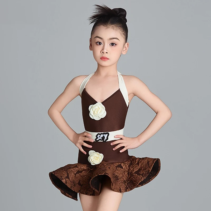

Детская одежда для латинских танцев 2024, коричневое платье для девочек, костюм на подтяжках, платье для выступлений, ча-ча, самба, румба, танцевальное платье DNV23005